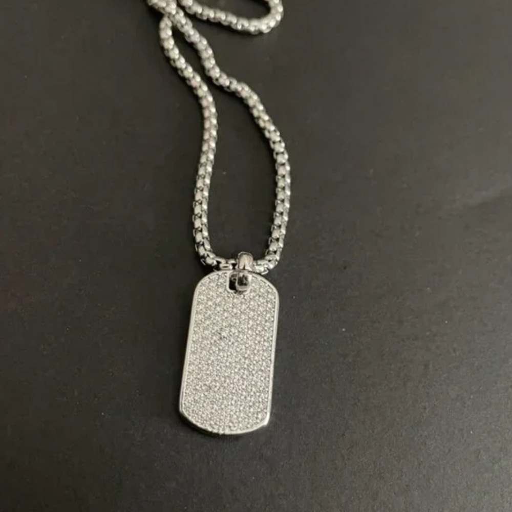 David Yurman Silver Pave Dog Tag Pendant Necklace